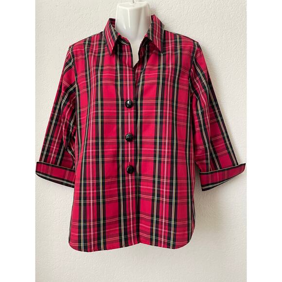 Foxcroft Women's Wrinkle Free Tartan Red Plaid 3/4 Sleeve Blouse Size 10P - Picture 1 of 5